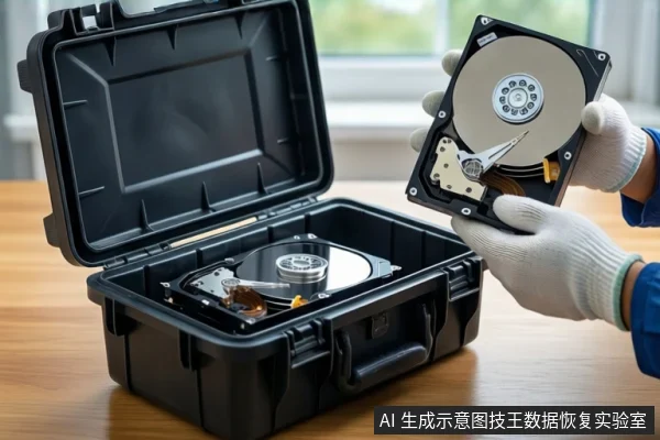 木质桌面上放置一个打开的黑色防震箱，箱内平放一块裸露机械硬盘。右侧一双戴白色手套的手正握持另一块打开外壳的机械硬盘，展示其盘片与磁头组件。背景为模糊的窗户。