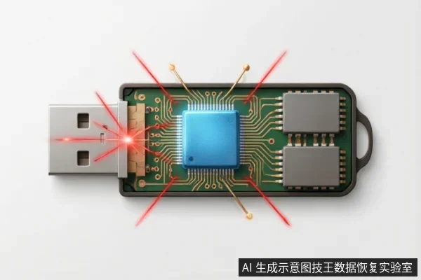 一个外壳被移除的USB闪存盘,清晰展示了内部绿色电路板、蓝色主控芯片及存储颗粒。红色激光射线从接口和芯片处向外发散,象征设备通电状态或数据信号活跃。