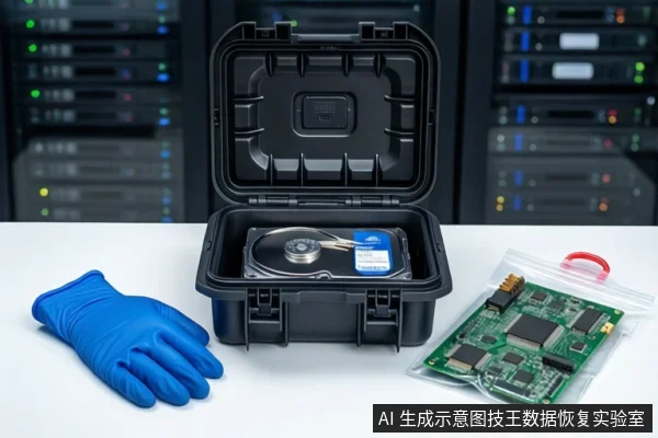 白色桌面上,中间打开的黑色防震箱内放置一块机械硬盘,左侧平放一只蓝色手套,右侧防静电袋内装有一块绿色电路板。背景为模糊的服务器机柜。
