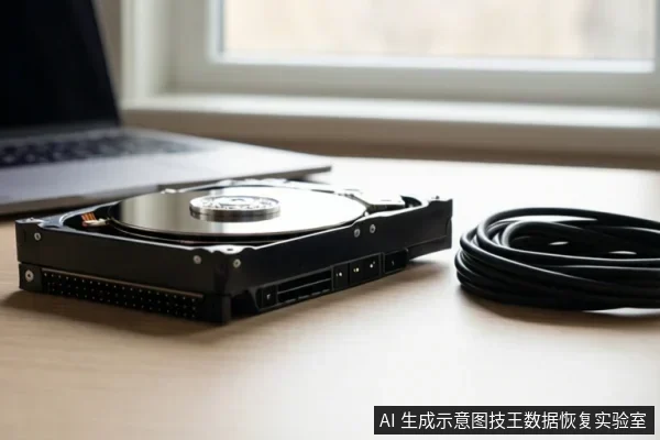 浅色桌面上放置一块打开顶盖的机械硬盘，可见盘片与中心主轴；右侧有一卷黑色线缆，背景有笔记本电脑和窗户。