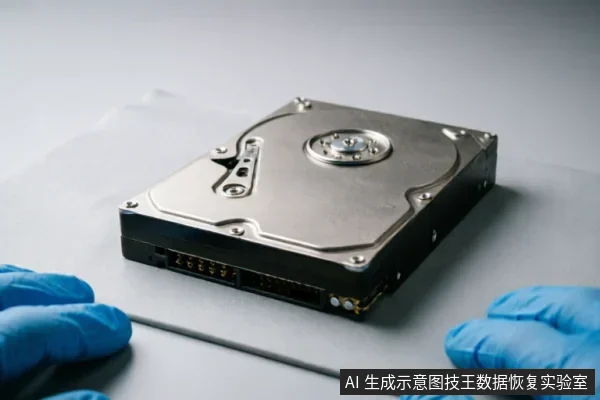 一双戴着蓝色防静电手套的手放置在灰色台面上，旁边平放着一块银色金属外壳的3.5英寸机械硬盘。画面展示了专业数据恢复场景中对待故障存储介质的规范操作环境，主体清晰完整。
