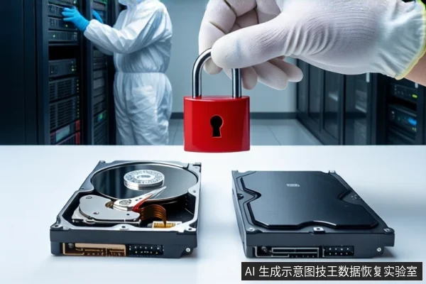 洁净室白色桌面上,左侧平放一块打开外壳的机械硬盘,右侧平放一块闭合的黑色硬盘。前景一只戴白手套的手持红色挂锁悬停在桌面上方。背景中一名穿无尘服的技术人员站在服务器机柜旁。