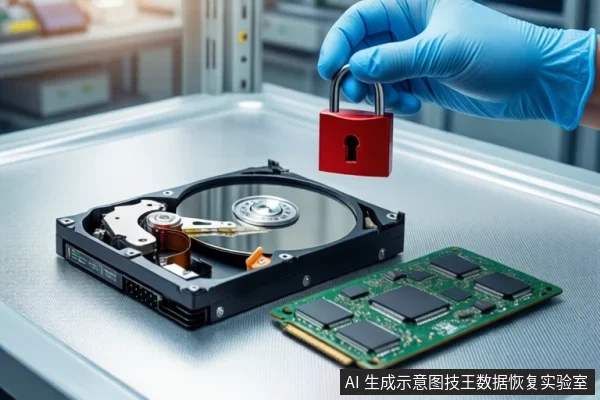白色防静电工作台上,一只戴蓝色手套的手持红色挂锁悬停在打开外壳的机械硬盘上方,旁边平放一块绿色固态硬盘电路板,背景为模糊的实验室环境。