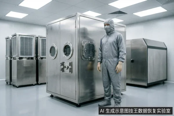 一名身穿全套灰色防尘洁净服的技术人员站在大型不锈钢净化设备旁,背景为拥有空气净化机组和光滑地面的专业洁净室环境,展示了数据恢复所需的工业级无尘作业场景。