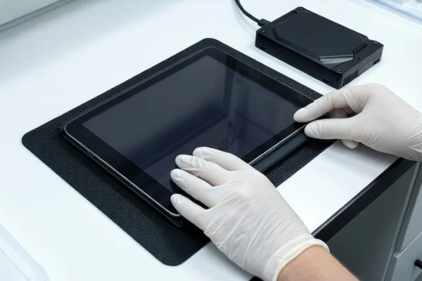白色台面上铺着黑色防静电垫,中间平放一台黑色平板电脑,屏幕全黑。右侧一双戴白手套的手正扶着平板边缘。右上方放置一个连接了线缆的黑色移动硬盘。