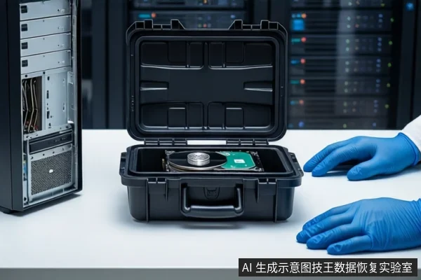 白色桌面上,中间打开的黑色防震箱内放置一块机械硬盘,左侧有一台打开侧板的黑色台式机箱,右侧一双戴蓝色手套的手平放在桌面上。背景为模糊的服务器机柜。