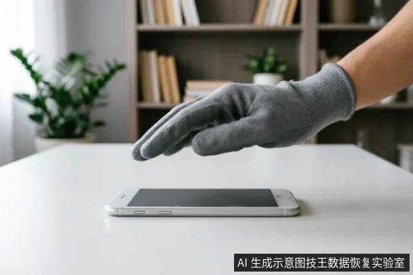 一只戴着灰色防静电手套的手悬停在白色桌面的智能手机上方,手机屏幕黑屏处于静止状态。背景为模糊的书架和绿植,画面传达出谨慎操作、停止写入及保护数据的专业氛围。