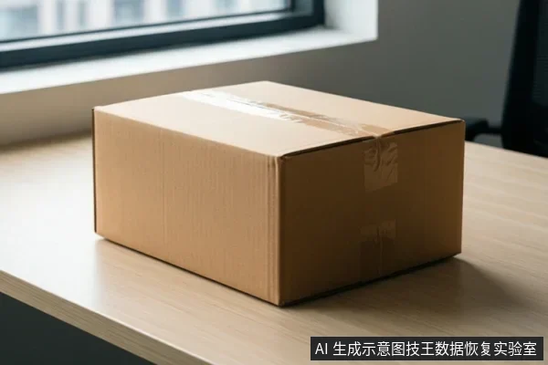 浅色桌面上放置一个用胶带封口的棕色瓦楞纸箱,背景为窗台和室内墙面。