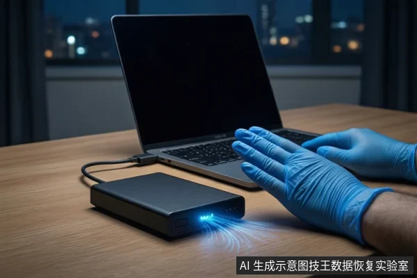 深色木桌上,左侧有一台打开的银色笔记本电脑,中间是一个黑色外接硬盘盒,连接着一根黑色USB线缆,右侧一双戴蓝色手套的手平放,背景为模糊的城市夜景窗户。