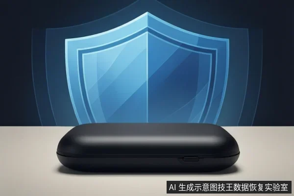 白色桌面上放置一个黑色移动硬盘盒,背景为蓝色盾牌图标。