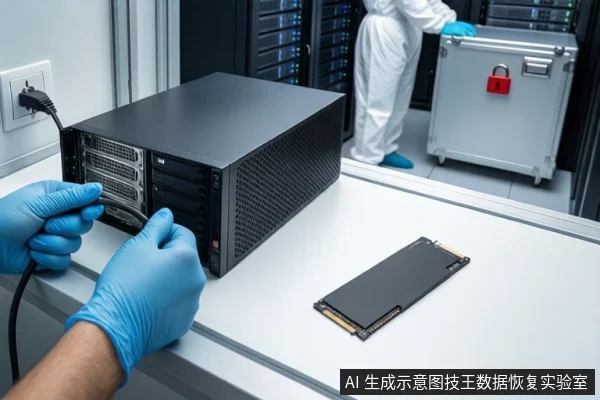 洁净室白色桌面上,戴蓝色手套的双手正将黑色电源线插头插入墙壁插座,旁边平放一台黑色塔式主机和一块M.2固态硬盘,右侧为挂有红色挂锁的银色金属防震箱,背景为模糊的服务器机柜和一名穿无尘服的技术人员。