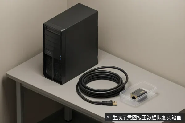 画面中一个黑色长方体电子设备放置在浅色桌面上,前端亮着一条蓝色指示灯,旁边有一根盘绕的黑色数据线和一个小透明盒。