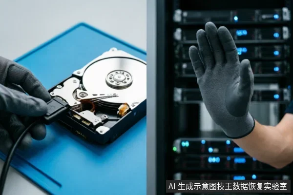 左侧画面展示戴着防静电手套的手正在检查一块已打开外壳的机械硬盘及其SATA数据线接口;右侧画面为戴手套的手在服务器机柜前做出停止手势,示意面对硬件故障应停止通电操作并寻求专业评估。