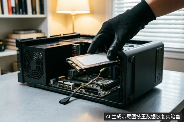 一只戴着黑色防静电手套的手正将一块机械硬盘安装进打开侧板的台式机机箱内。背景为带有书架和台灯的室内环境，展示了数据恢复或硬件检测前的物理连接与介质准备过程。