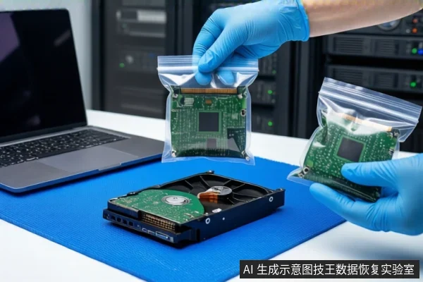 蓝色防静电垫上平放一块打开外壳的机械硬盘，左侧有一台打开的笔记本电脑。右侧一双戴蓝色手套的手正持握两个透明防静电袋，袋内装有绿色电路板。背景为模糊的服务器机柜。