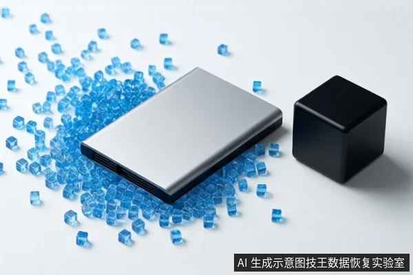 白色背景上,一块银色移动硬盘平放在散落的蓝色透明立方体中,右侧有一个黑色立方体。