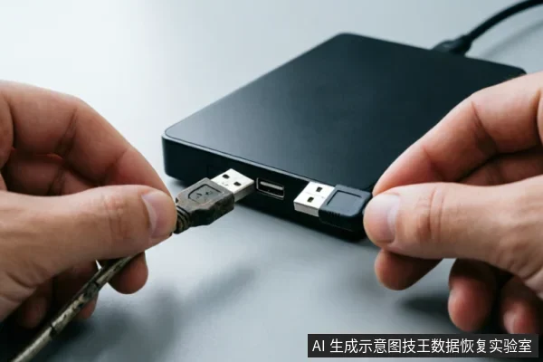 特写镜头展示双手正在操作移动硬盘的连接。左手持一根USB数据线准备插入黑色硬盘侧面的接口,右手捏着一个USB转接头靠近另一个端口,直观呈现检查或更换物理连接线的动作。