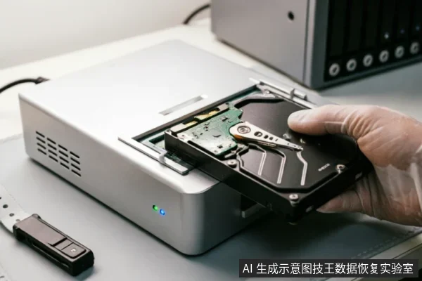 一只戴着防静电手套的手正将一块机械硬盘从银色专业存储设备中取出,设备面板亮有指示灯,旁边放有一个黑色USB转接工具。