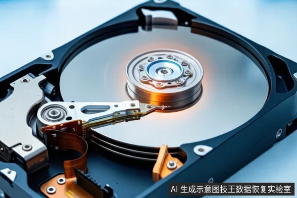 白色桌面上平放一块打开外壳的机械硬盘,可见盘片、主轴和磁头臂,盘片上方有红色光效。