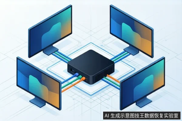 白色网格背景上，中央放置一台黑色方形迷你主机，四周环绕四台显示器，彩色线缆从主机连接至各屏幕，示意多屏输出。