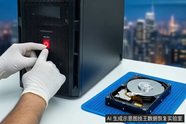 白色桌面上,左侧黑色塔式主机前,一双戴白手套的手正按压红色电源按钮。右侧蓝色防静电垫上平放一块打开外壳的机械硬盘,背景为模糊的城市夜景。
