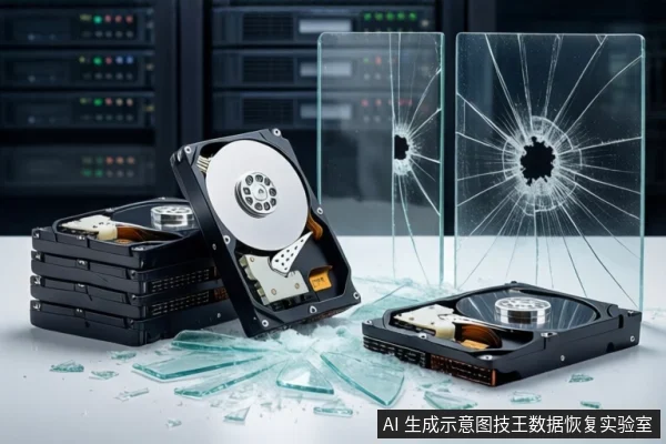 白色桌面上,左侧堆叠四块黑色机械硬盘,中间一块硬盘倾斜立起,右侧平放一块硬盘。背景竖立两块带有放射状裂纹的透明玻璃板,桌面散落玻璃碎片。背景为模糊的服务器机柜。