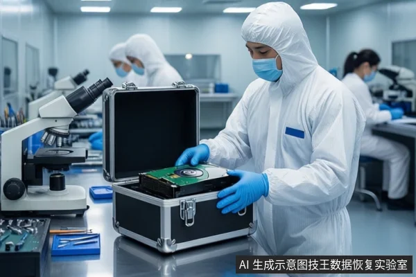 洁净室环境中，一名穿白色无尘服、戴蓝色手套的技术人员正从打开的黑色防震箱中取出一块机械硬盘。左侧有一台显微镜，背景中还有其他技术人员在工作台前操作。