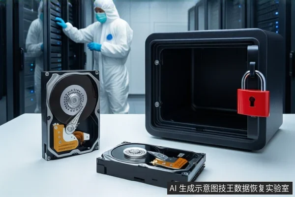 洁净室白色桌面上,左侧竖立一块打开外壳的机械硬盘,前景平放另一块打开的机械硬盘。右侧黑色防震箱打开,箱口挂有红色挂锁。背景中一名穿无尘服的技术人员正在操作服务器机柜。