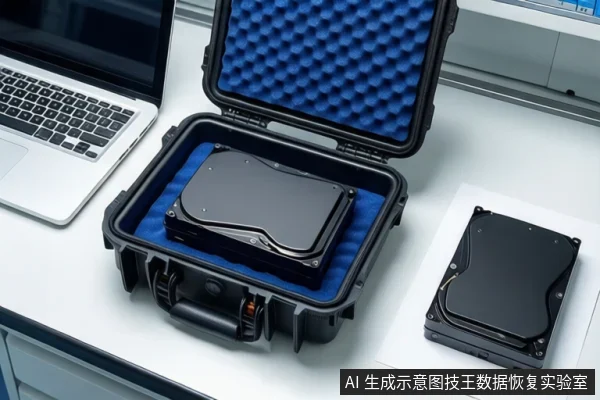 白色桌面上，左侧有一台打开的银色笔记本电脑，中间一个打开的黑色防震箱内平放着一块闭合的黑色机械硬盘，右侧白色垫子上平放着另一块闭合的黑色机械硬盘。
