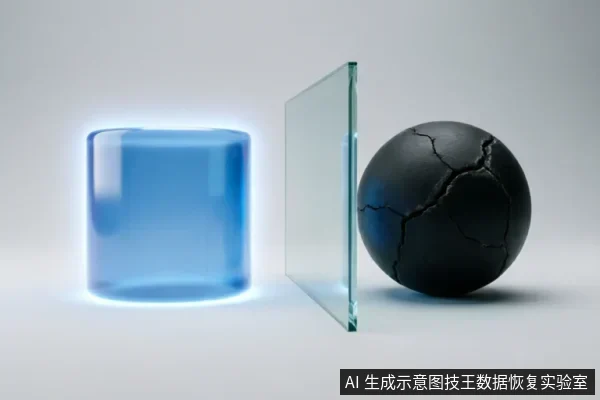 画面展示了一个发光的蓝色圆柱体、一块竖立的透明玻璃板和一个表面布满裂纹的黑色球体。三者呈线性排列，玻璃板位于发光体与破损球体之间，形成阻隔或缓冲的视觉效果，象征硬件故障风险与物理防护。