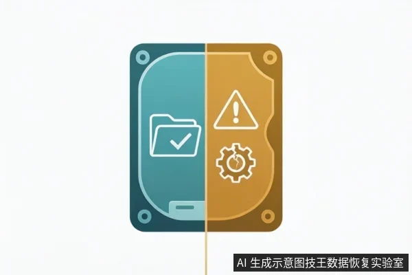 一个移动硬盘图标被垂直分割,左侧为蓝绿色背景,显示带对勾的文件夹;右侧为橙黄色背景,显示警告三角和齿轮图标。