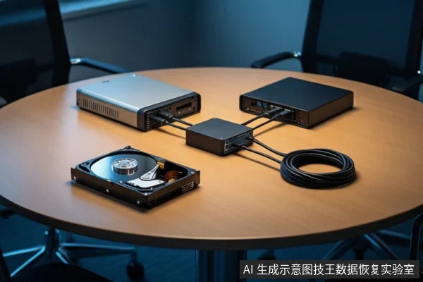 木质圆桌上平放一块打开外壳的机械硬盘,露出盘片与磁头。上方两台黑色存储设备通过黑色数据线连接至中间的小型接口盒,前景盘绕着一根黑色线缆,背景为模糊的办公椅。