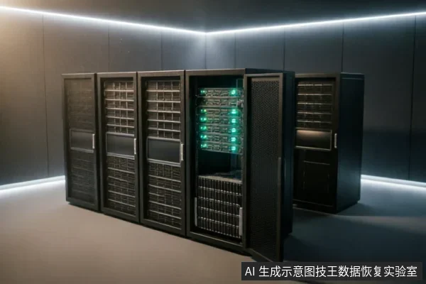 一排黑色服务器机柜矗立在带有冷色调氛围灯的数据中心内,其中一个机柜门敞开,露出内部亮着绿色指示灯的密集存储阵列与硬件模块。