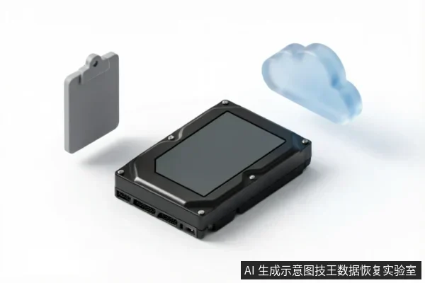 画面中央放置一块黑色机械硬盘,左侧竖立一个灰色剪贴板图标,右上方悬浮一朵蓝色半透明云朵。背景纯白,无连接线缆或具体操作动作,通过符号化元素示意数据记录与云端存储概念。