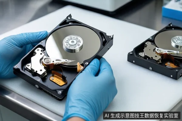 白色防静电工作台上,一双戴蓝色手套的手正持握一块打开外壳的机械硬盘,可见盘片与磁头臂。右侧平放另一块打开外壳的机械硬盘。背景为模糊的实验室环境。