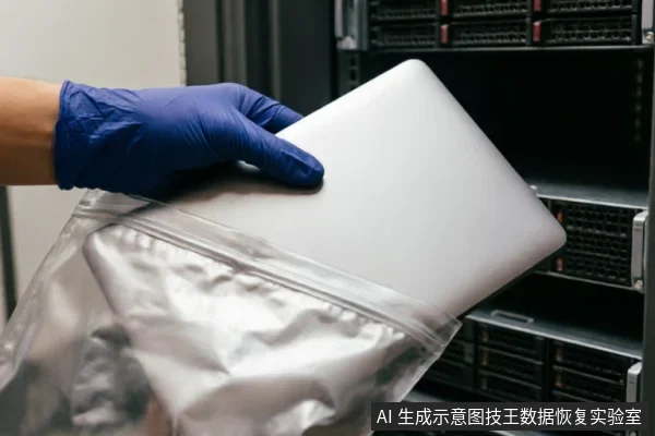 一只戴着蓝色防静电手套的手正将一台银色笔记本电脑放入银色防静电屏蔽袋中，背景为模糊的服务器机柜。