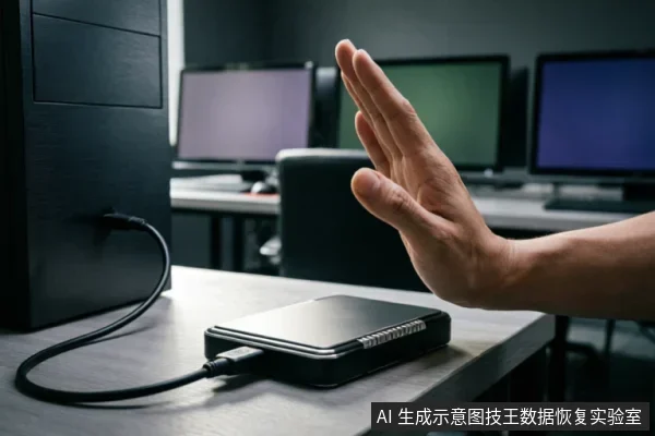 一只手掌在连接着台式机的移动硬盘前做出停止手势,示意立即停止操作。背景为网吧环境下的多台电脑显示器,直观表达发现故障时应优先断电或停止写入以保护数据的紧急止损原则。