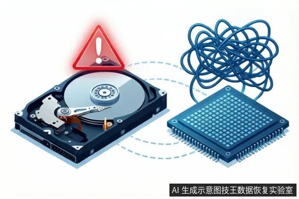 Open hard drive with red warning triangle and SSD chip with coiled cable on white background.