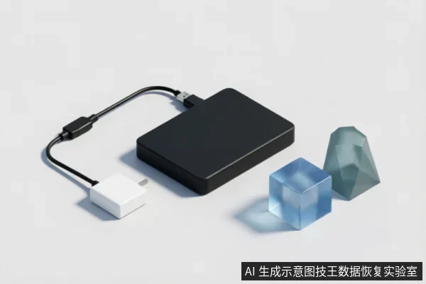 图片展示了一个黑色外置移动硬盘,通过USB数据线连接至白色电源适配器。旁边摆放着蓝色透明立方体和灰绿色几何体作为装饰背景,整体呈现极简风格的产品连接示意图。