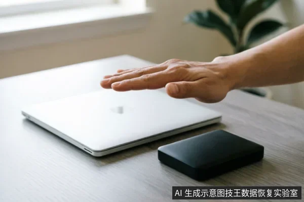 一只手掌悬停在闭合的银色笔记本电脑上方,做出停止或拒绝的手势,旁边桌面上放置着一个黑色的外接移动硬盘。画面直观传达了在数据丢失紧急情况下立即切断连接、停止通电与写入操作的指令。