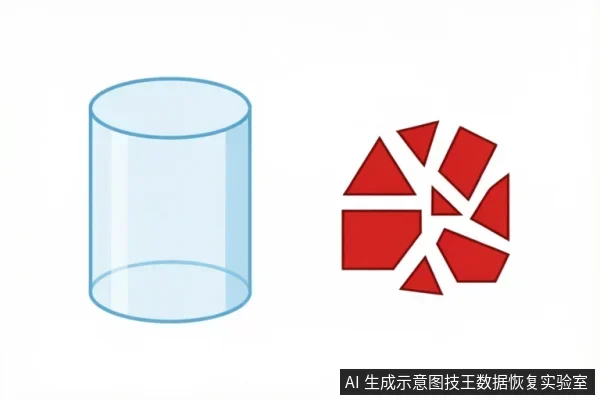 左侧为一个透明的圆柱体容器,象征洁净室环境;右侧为红色的破碎几何图形,象征受损的硬盘盘片。两者并排展示,直观表达在受控无尘环境中处理精密损坏介质的概念。
