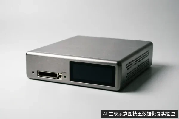 一台银色金属外壳的长方体电子设备,侧面设有黑色显示屏和专用数据接口,右侧带有散热孔,置于白色背景上。