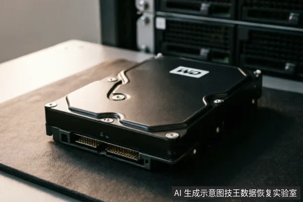 一张特写照片，展示了一块黑色的西部数据（WD）机械硬盘静置于深色防静电垫上。背景模糊可见服务器机架设备，暗示了专业数据存储或数据恢复实验室的环境场景。