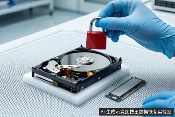 洁净室工作台上,白色泡沫垫上平放一块打开外壳的机械硬盘,可见盘片与磁头臂。前景一只戴蓝色手套的手持红色挂锁悬停在硬盘上方。右侧平放一块绿色M.2固态硬盘。