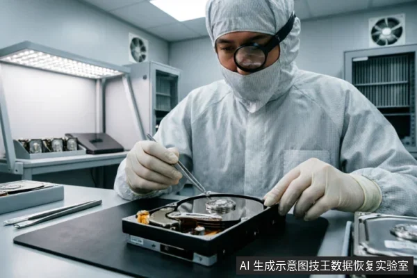 画面展示了一名身穿全套防静电无尘服、佩戴放大镜的专业技术人员,正在洁净室环境中使用精密工具对打开的机械硬盘进行内部检修。该场景直观呈现了数据恢复所需的物理级专业操作环境。