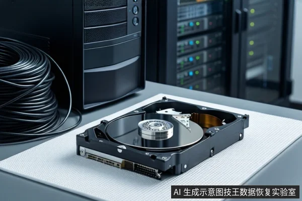 白色防静电垫上平放一块打开外壳的机械硬盘,可见盘片、主轴和磁头臂。左侧有一台黑色台式主机和盘绕的黑色线缆,背景为模糊的服务器机柜。