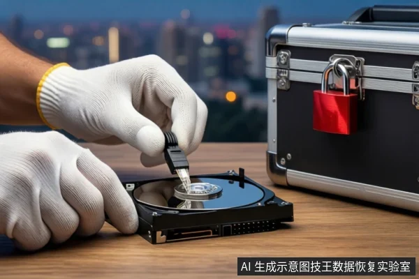 木质桌面上,戴白手套的双手正持握一个黑色SATA数据线插头,对准平放的裸露机械硬盘接口。右侧竖立一个挂有红色挂锁的银色金属防震箱,背景为模糊的城市夜景。
