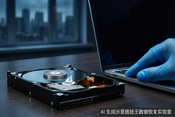 深色木桌上平放一块打开外壳的机械硬盘,右侧一只戴蓝色手套的手正在操作银色笔记本电脑键盘,背景是模糊的城市夜景窗户。