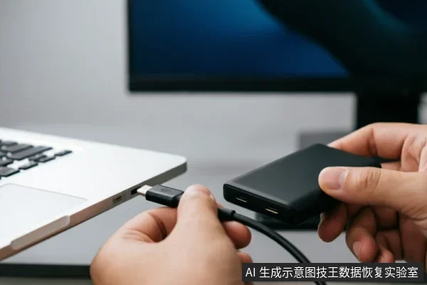 A person connects a black portable hard drive to a laptop using a USB cable, bypassing hubs to test direct connection.