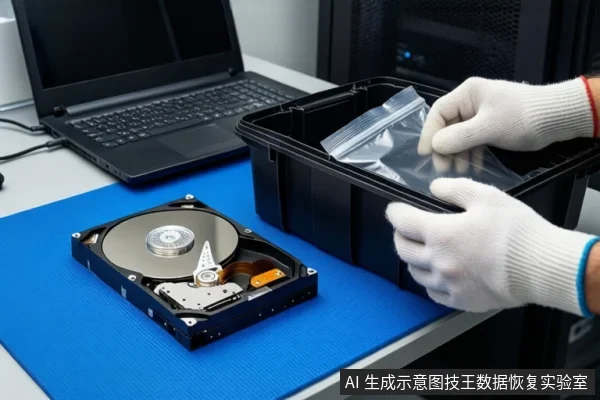 蓝色防静电垫上平放一块打开外壳的机械硬盘,右侧一双戴白手套的手正握持一个打开的黑色防震箱,箱内放有一个透明自封袋。背景是一台黑屏笔记本电脑和服务器机柜。